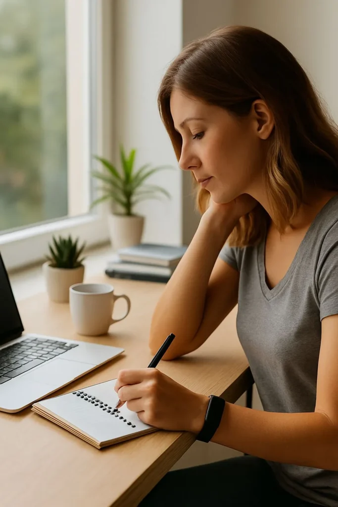 Side view of a young woman sitting indoors at a desk with a laptop, reflecting smart living, focus, and productive lifestyle choices.